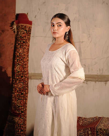 Sophisticated white Mul Chanderi suit detailed with traditional Lucknowi chikankari patterns.
High-quality ethnic evening wear from Art of Awadh, ideal for your next special occasion.
