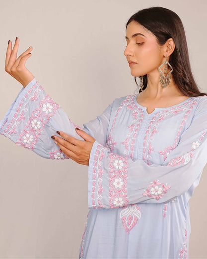 Versatile modal blue co-ord set featuring refined Lucknowi chikankari for the Art of Awadh.
The perfect choice for effortless office wear and stylish day out looks.
