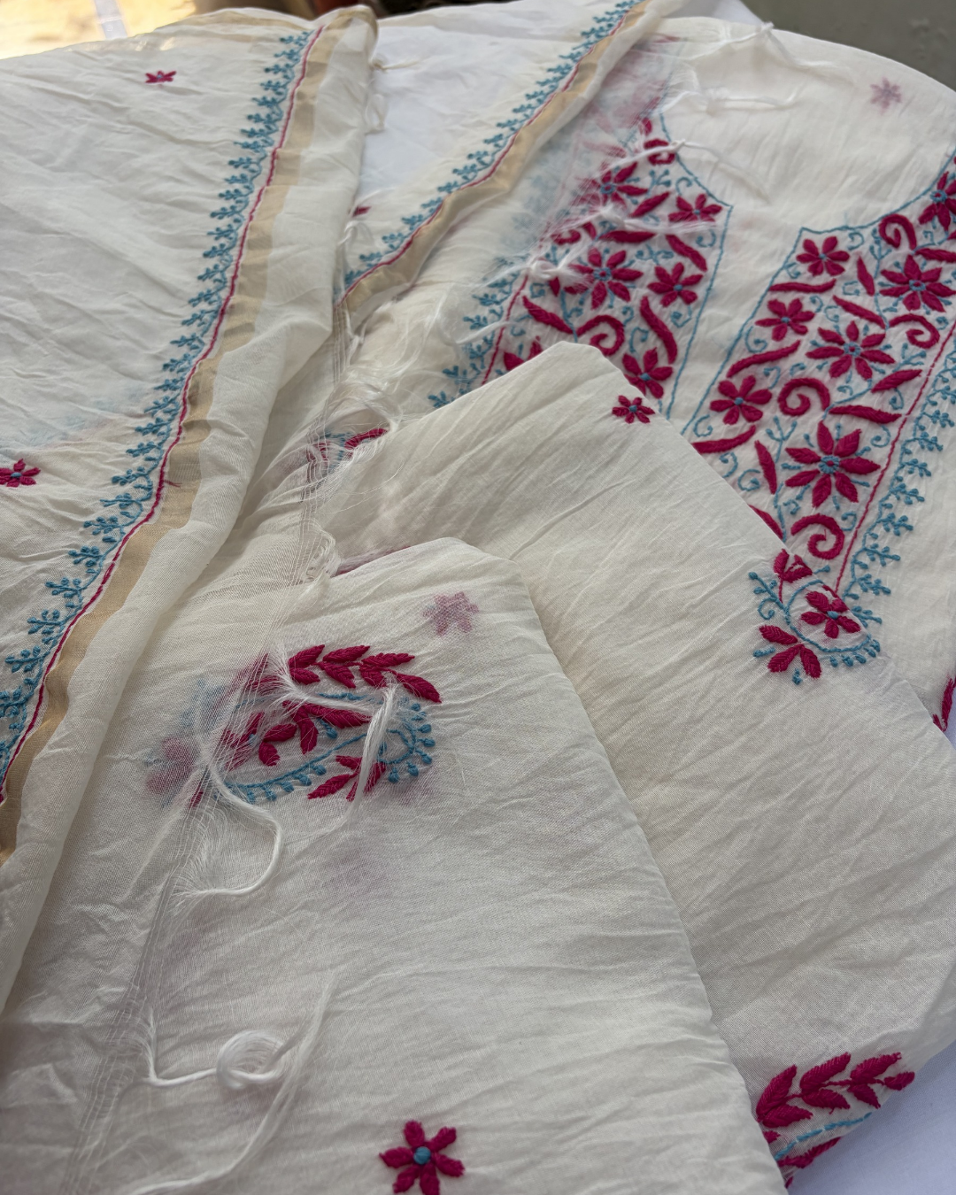 Handcrafted mul chanderi unstitched fabric collection.
Lucknowi chikankari art of awadh showcasing master skills.
