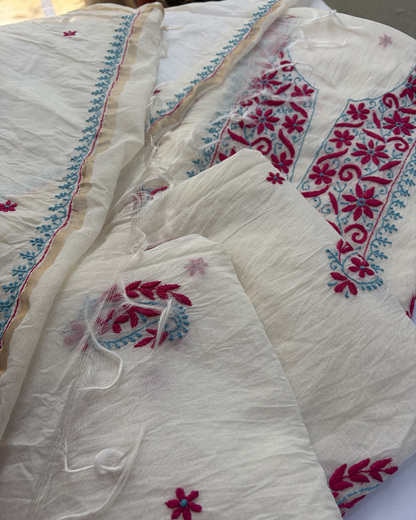 Handcrafted mul chanderi unstitched fabric collection.
Lucknowi chikankari art of awadh showcasing master skills.
