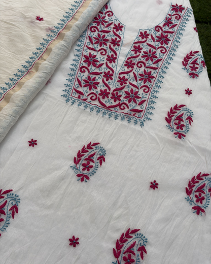 Unique pattern mul chanderi unstitched fabric set.
Lucknowi chikankari art of awadh for bohemian fusion styling.
