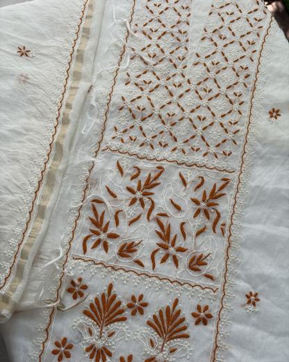 Lightweight mul chanderi unstitched two-piece set.
Lucknowi chikankari art of awadh for casual daily routine.
