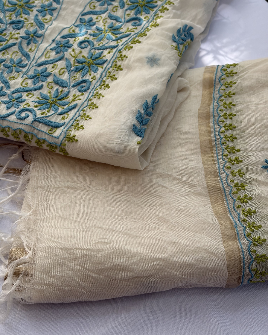 Embellished mul chanderi unstitched two-piece fabric.
Lucknowi chikankari art of awadh for festive celebrations.
