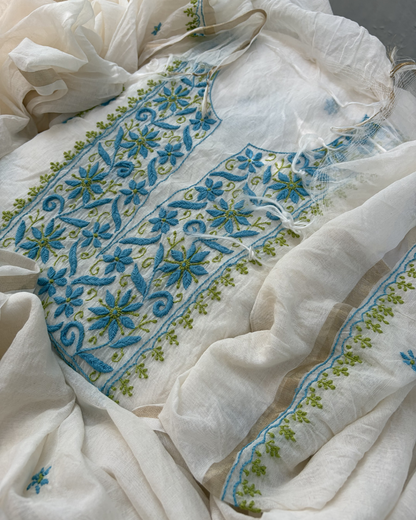 Floral hand-embroidered mul chanderi unstitched fabric.
Lucknowi chikankari art of awadh for spring festivities.
