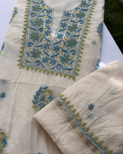 Traditional weave mul chanderi unstitched fabric set.
Lucknowi chikankari art of awadh heritage collection piece.
