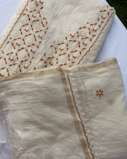 Deep blue mul chanderi unstitched fabric ensemble.
Lucknowi chikankari art of awadh for regal sophisticated look.
