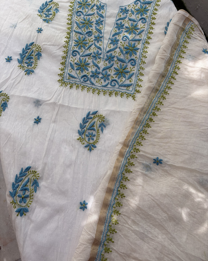 Premium quality mul chanderi unstitched two-piece set.
Lucknowi chikankari art of awadh for royal evening wear.
