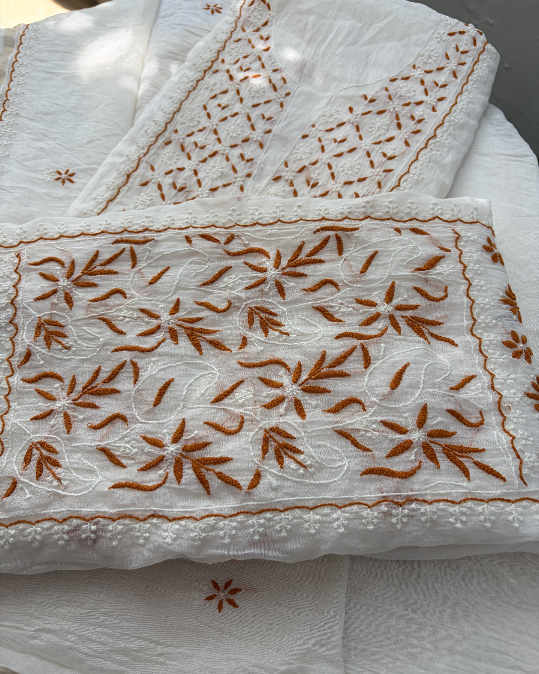 Warm tone mul chanderi unstitched fabric ensemble.
Lucknowi chikankari art of awadh for glowing evening wear.
