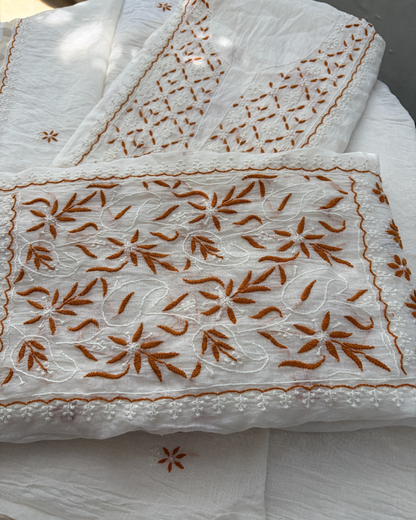 Warm tone mul chanderi unstitched fabric ensemble.
Lucknowi chikankari art of awadh for glowing evening wear.
