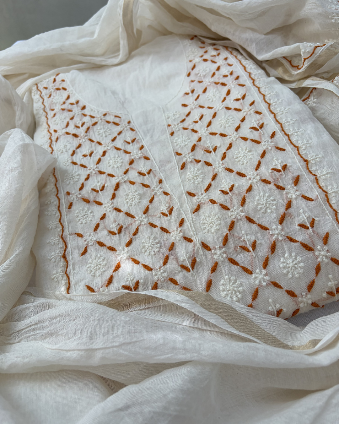 mul chanderi unstitched fabric collection.
Lucknowi chikankari art of awadh for wedding guest outfits.
