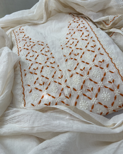 mul chanderi unstitched fabric collection.
Lucknowi chikankari art of awadh for wedding guest outfits.
