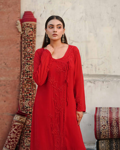 Classic red Lucknowi chikankari kurta set inspired by the fine Art of Awadh.
Designed for comfortable everyday and professional office wear.


