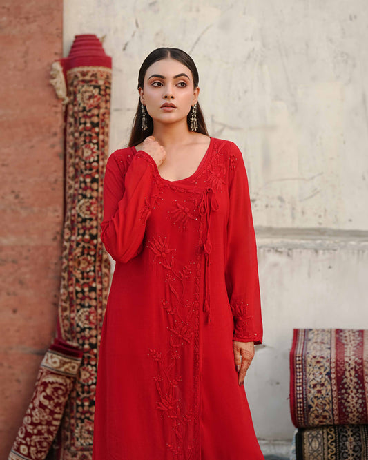Classic red Lucknowi chikankari kurta set inspired by the fine Art of Awadh.
Designed for comfortable everyday and professional office wear.


