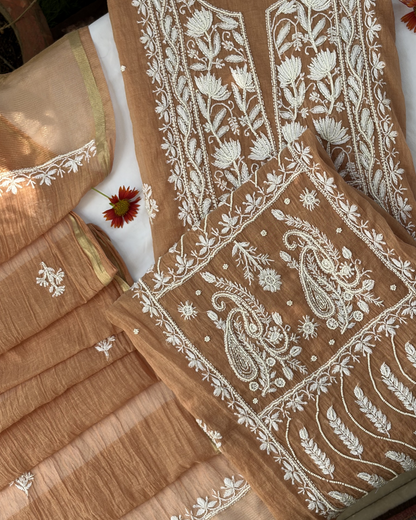 Traditional Lucknowi chikankari art of awadh on  Bronze colour mul chanderi fabric for daytime events.