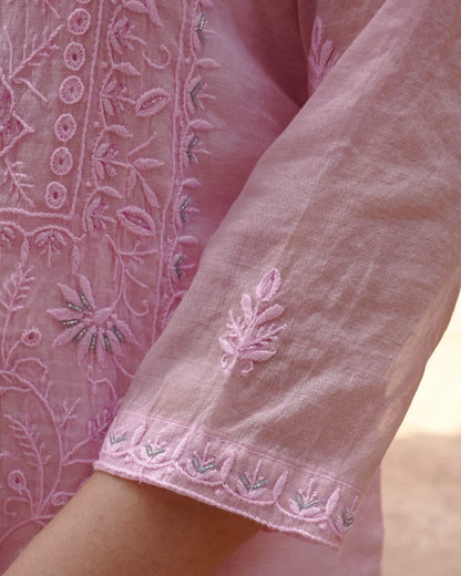 Styled pink mul chanderi with Lucknowi chikankari art of awadh for evening occasions.