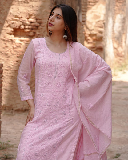 Elegant pink mul chanderi garment with Lucknowi chikankari art of awadh for evening functions.