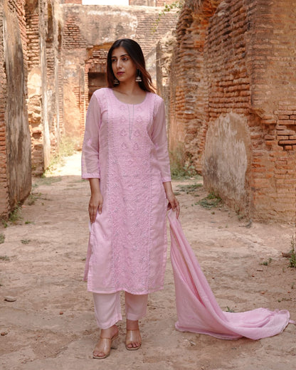 Traditional Lucknowi chikankari art of awadh in pink mul chanderi for evening gatherings.
