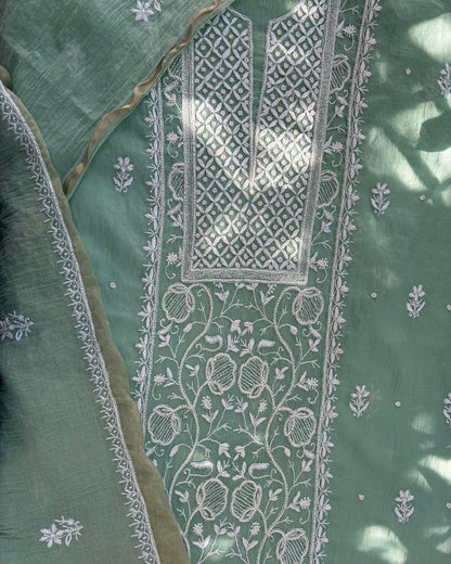 Traditional Lucknowi chikankari art of awadh on mint mul chanderi fabric for day events.