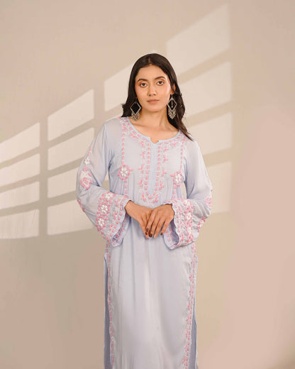 Breathable modal blue co-ord set showcasing detailed Lucknowi chikankari patterns.
Experience heritage Art of Awadh craftsmanship during your workday and weekend day outs.

