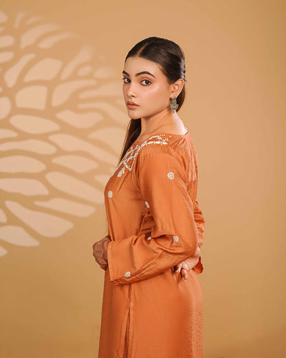 A classic rust linen chanderi set featuring timeless white Lucknowi chikankari embroidery.
A testament to the enduring beauty and skill found in every Art of Awadh evening piece.
