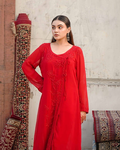 Beautifully embroidered red Lucknowi chikankari set from the Art of Awadh.
The ideal combination of comfort and grace for your everyday and office wear.
