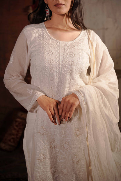 Beautifully embroidered white Lucknowi chikankari suit from the Art of Awadh.
The ideal combination of comfort and regal grace for evening events and parties.

