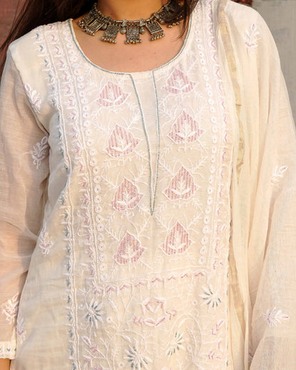 Timeless white Mul Chanderi suit showcasing authentic Art of Awadh chikankari craft.
A premium, elegant choice designed to make a statement at any traditional event.
