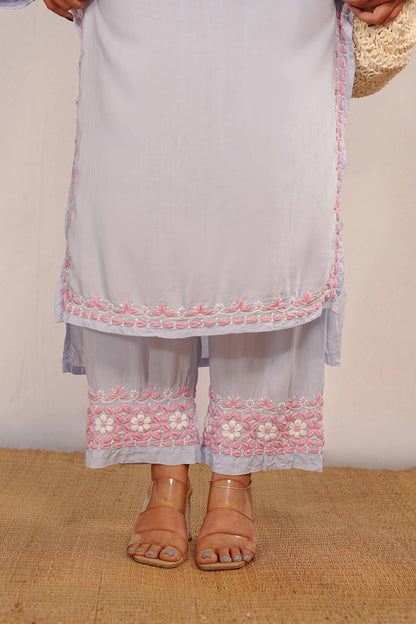  Sophisticated modal blue co-ord set highlighted by precise Lucknowi chikankari details.
Authentic Art of Awadh fashion suitable for your busy office hours and weekend day outs.
