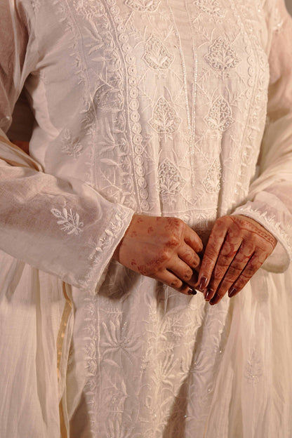 Minimalist white Mul Chanderi suit highlighting heritage Lucknowi chikankari craftsmanship.
A stunning Art of Awadh piece, perfect for evening gatherings and traditional celebrations.

