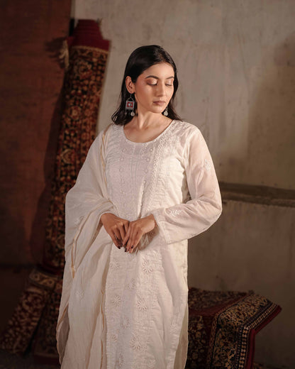 Minimalist white Mul Chanderi suit highlighting heritage Lucknowi chikankari craftsmanship.
A stunning Art of Awadh piece, perfect for evening gatherings and traditional celebrations.
